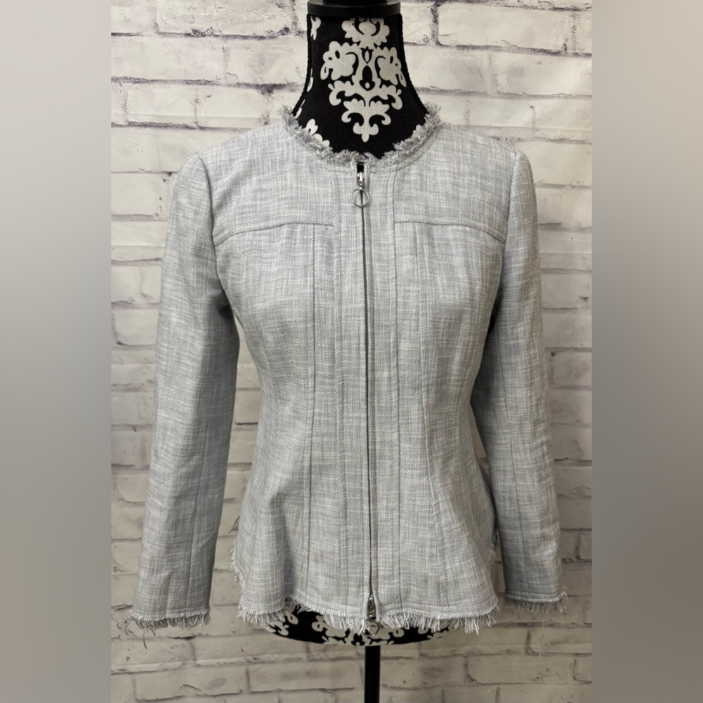 Rebecca Taylor Size 6 Slub Suiting Jacket Light Gray Fringe Zipper Career‎